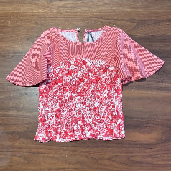 NWT - Anthropologie Short-Sleeve Smocked Linen Top - Raspberry - Picture 2 of 7